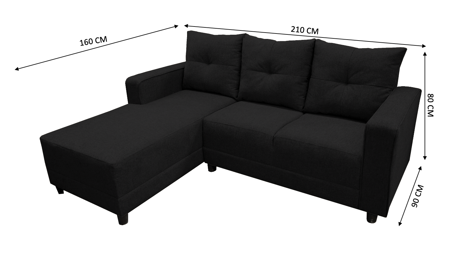 Sala Esquinera El Bazar Store Demeter Negro 210x160 cm, Tela Lino nacional, Modular, Chaise, love seat