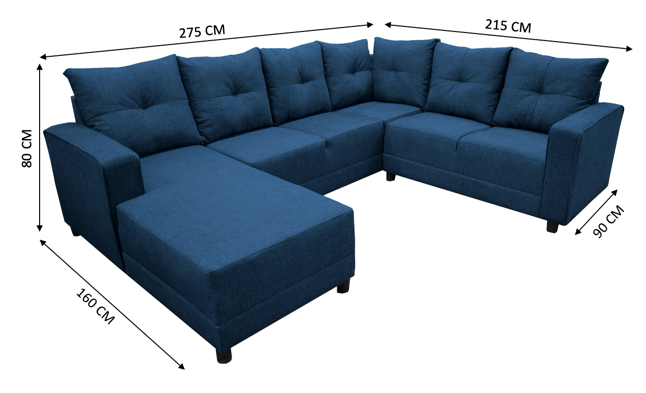 Sala Esquinera en U El Bazar Store Hera Azul marino 160x275x215 cm, 4 Salas en 1, Tela Lino nacional, Modular, Chaise, love seat, sofa