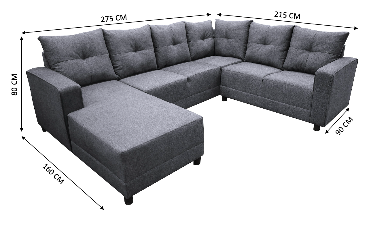 Sala Esquinera en U El Bazar Store Hera Gris plata 160x275x215 cm, 4 Salas en 1, Tela Lino nacional, Modular, chaise, love seat, sofa