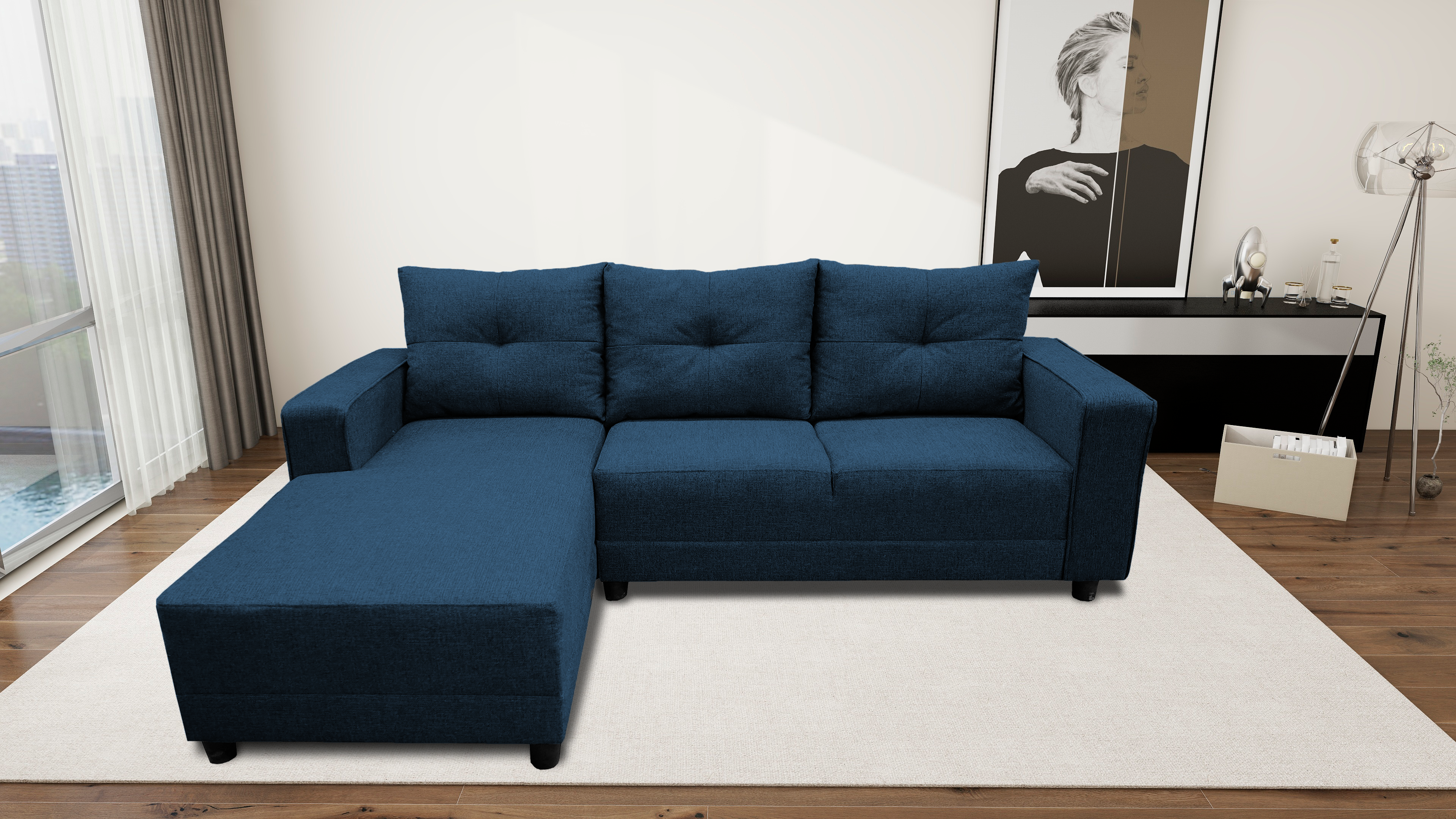 Sala Esquinera El Bazar Store Demeter Azul marino 210x160 cm, Tela Lino nacional, Modular, Chaise, love seat